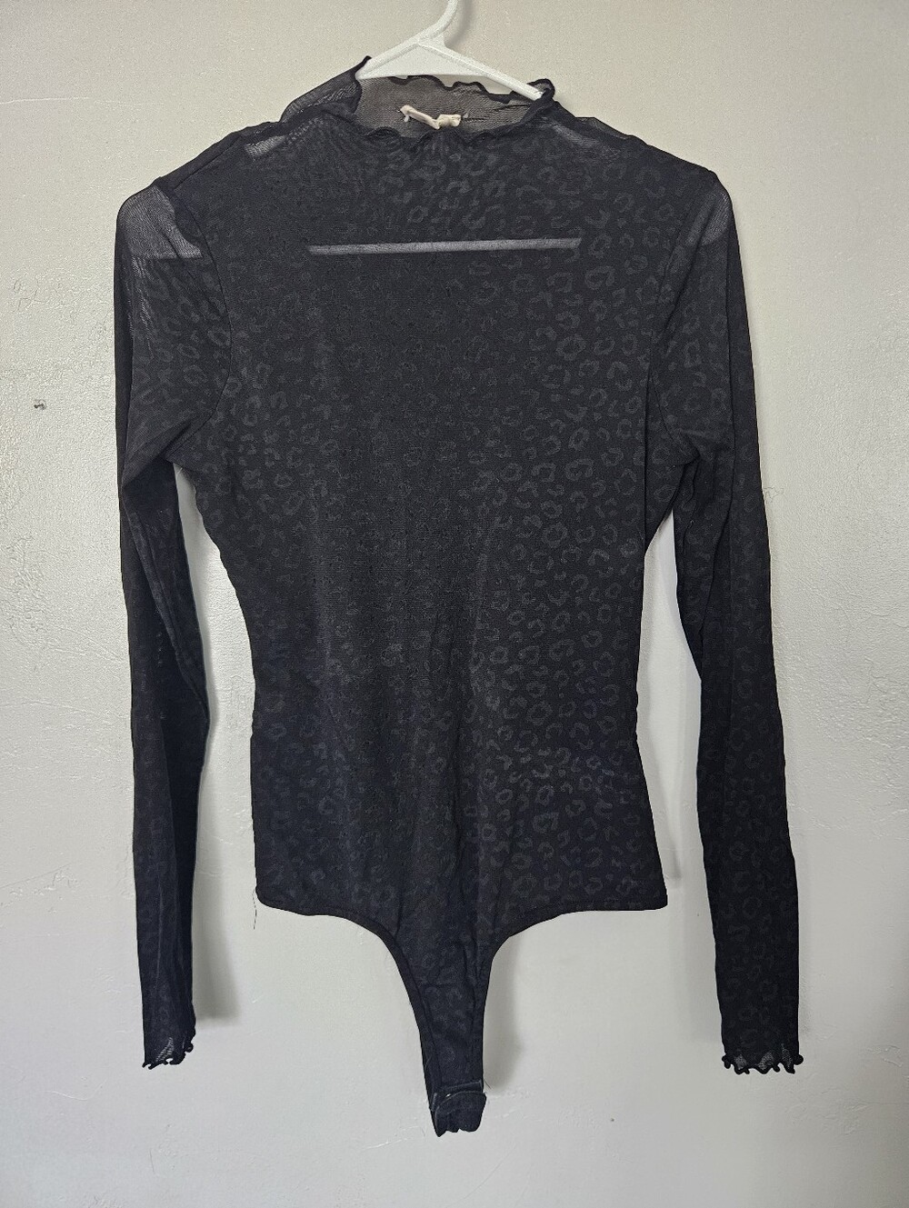 Sheer Black Leopard Print Long Sleeve Thong Bodysuit Mesh Ember Women's Small